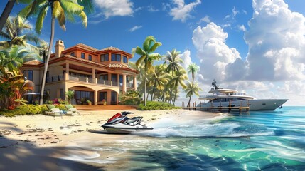 Poster - Luxurious Beach House with Yacht and Jet Ski on a Tropical Island