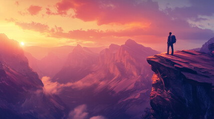 A lone traveler with a backpack standing on the edge of a cliff, watching the sunrise over a majestic mountain range, with soft morning light illuminating the scene.