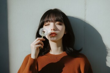 Woman Holding Flower in Soft Sunlight.
