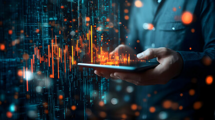 Digital Data Streams Flow Through Tablet in Businessman's Hand