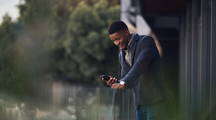 Poster - Man, balcony and phone for online conversation, black person and networking to client in office. Male person, professional lawyer and discussion on legal case, attorney and chat to business contact