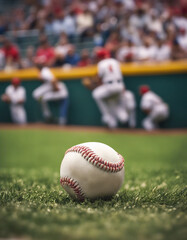  A close-up view of a baseball resting on the freshly cut grass of the stadium field, highlighting its red stitching.