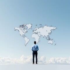 A person standing on a world map, symbolizing global entrepreneurship and expansion.