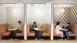 © fizkes - Multiethnic freelancers working in separate booths in modern freelance co-working office space, sitting at workplace tables divided by walls, using laptop, smartphone, meeting, talking