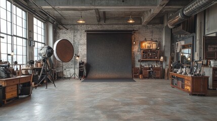 A spacious photography studio in a downtown warehouse, featuring large backdrops, professional lighting equipment, and various props. Photographers and models work together to create striking images,