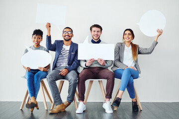 Poster - Portrait, recruitment and speech bubble with business people in studio for advertising or marketing. Design, mockup space or voice with happy man and woman employee group in office for communication