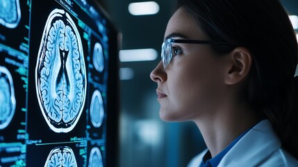 A doctor reviewing a holographic brain scan during a mental health checkup, ambient lighting, medium shot