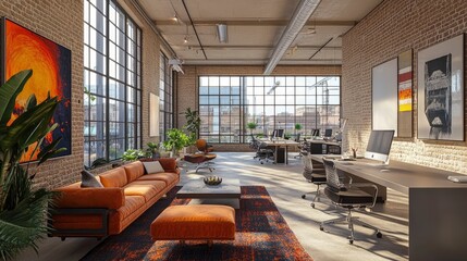 Wall Mural - A trendy downtown loft converted into a creative workspace, with exposed brick walls, large windows, and modern furniture. Artists, designers, and tech professionals collaborate on projects in this