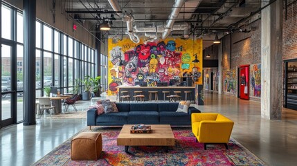 A modern downtown coworking space with a creative twist, featuring vibrant murals, industrial lighting, and an open layout. Entrepreneurs, artists, and tech professionals share ideas and work on