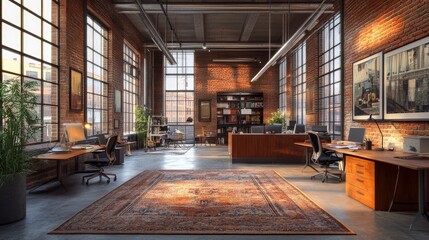 A trendy downtown loft converted into a creative workspace, with exposed brick walls, large windows, and modern furniture. Artists, designers, and tech professionals collaborate on projects in this