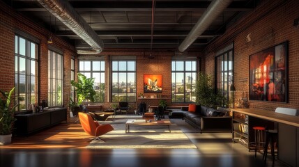 A stylish downtown loft transformed into a creative space, with exposed brick walls, large windows, and modern furniture. Artists, designers, and tech professionals collaborate on projects in this