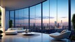 © darion - Modern living room with panoramic city view at dusk.