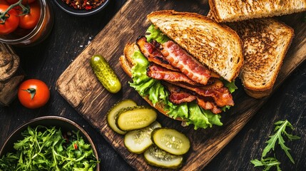 Wall Mural - Classic BLT Sandwich on Wooden Board