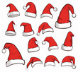 © Kate - Set of realistic Santa Hats isolated on white. Vector santa claus hat collection. Outlined colorful holiday Christmas caps flat design.
