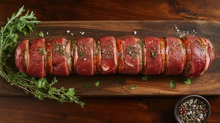 Sticker - Top View of Raw Beef Tenderloin Wrapped and Seasoned