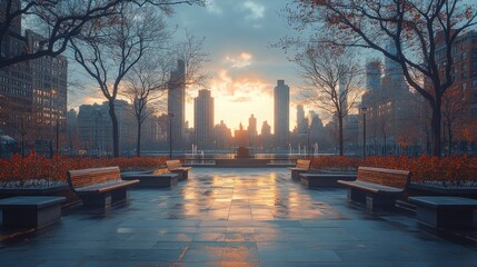 A modern city square with sleek benches, art installations, and wide-open spaces, surrounded by architecturally significant buildings that represent the city's growth.