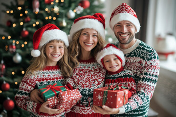 Wall Mural - Family in Christmas sweaters holding presents, smiling warmly, with a festive tree in the background.