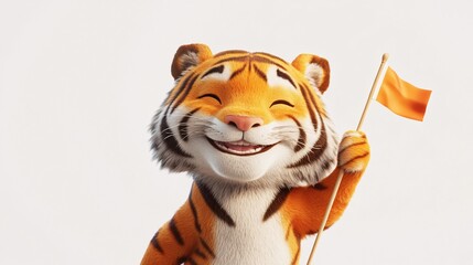 Cheerful Tiger Holding a Small Flag with Pride