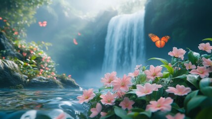 Sticker - Serene Waterfall with Butterflies and Blossoms