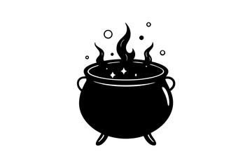 Witch's cauldron with potion and magic attributes for ritual on dark background