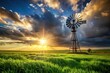 © Hugnaka - Close-up of windmill in field, green grass, cloudy sky, sun shining