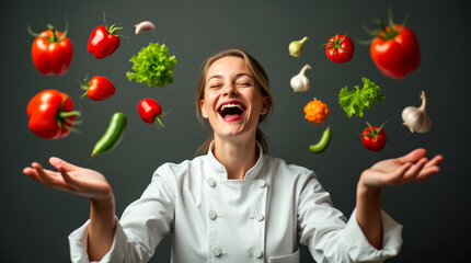 Wall Mural - a chef is playfully tossing various fresh vegetables into the air while smiling. the colorful produc