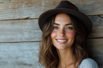 Portrait of a joyful woman in her 30s donning a classic fedora over rustic wooden wall --ar 3:2 --style raw --stylize 300 --v 6.1 Job ID: 630f4d2e-68b0-4eff-8201-f7cc8502f707