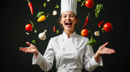 Wall Mural - A smiling chef, dressed in a crisp white uniform and tall hat, joyfully throws vibrant vegetables into the air in a professional kitchen setting, showcasing her culinary skills