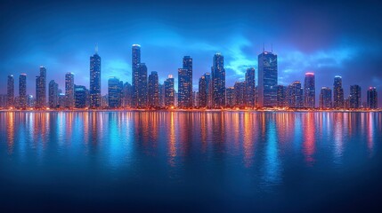 A panoramic view of an urban skyline at night, with the city lights creating a dazzling display against the dark sky, capturing the energy and allure of city living.