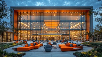 A modern urban library with large glass windows, open reading areas, and state-of-the-art technology, serving as a knowledge hub for the community.