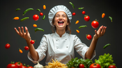 Wall Mural - a cheerful chef wearing a white uniform and hat is playfully tossing vibrant vegetables into the air