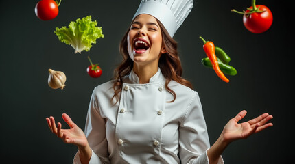 Wall Mural - A cheerful chef is tossing fresh vegetables, including tomatoes and peppers, in the air while laughing, dressed in a white uniform and chefs hat under dim lighting