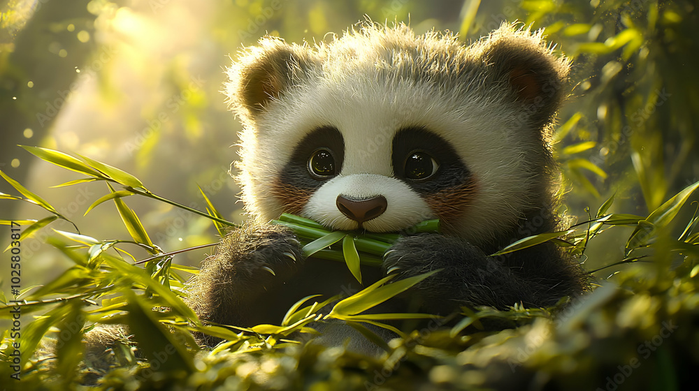 Adorable Baby Panda Eating Bamboo in a Lush Green Forest - 4K Animated ...
