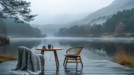 A wooden table with a chair and a blanket on it is set up by a lake