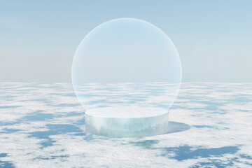 Wall Mural - 3d render winter scene and Natural stage background, Ice podium with empty transparent light ball on frozen lake for product display, advertising or etc