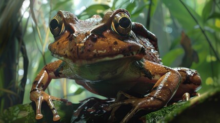 Wall Mural - Close-up of a brown frog with large eyes perched on a mossy branch in a lush rainforest setting.