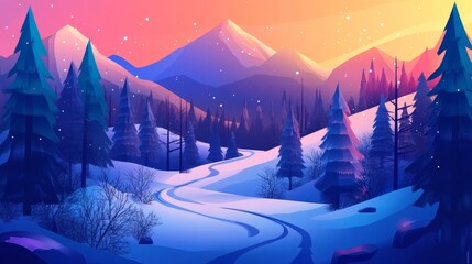 Wall Mural - A serene winter landscape with mountains, snow, and pine trees under a colorful sunset.