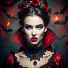 Halloween Vampire Woman portrait. Beautiful Glamour Fashion Sexy Vampire Lady with long Dark Hair, Beauty Make Up and Costume