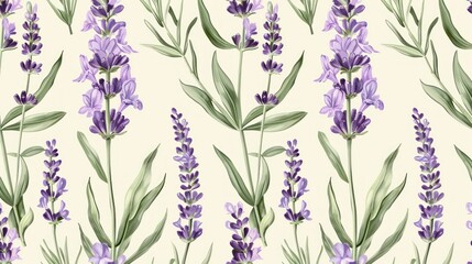 Wall Mural - Lavender Flowers and Green Leaves Pattern