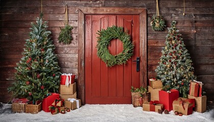 christmas tree with gifts and decorations, christmas tree in front of house, red vintage rustic barn