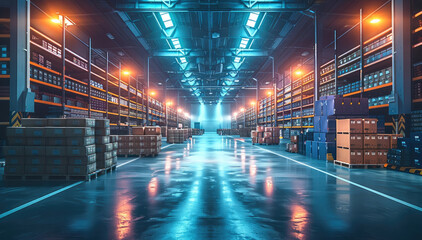 Fototapete - A large warehouse with lighting, boxes, and pallets of goods in the background. illuminated by bright lights that highlight details like colors and textures on.