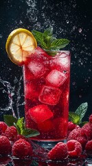 Poster -  A glass of ice water on black background, garnished with a lemon slice and raspberries, dripping with a splash of water