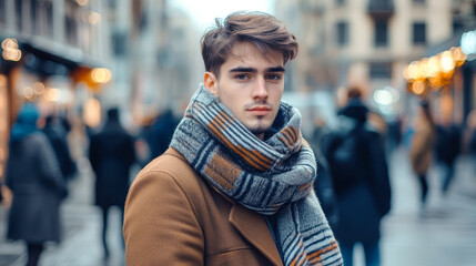 Stylish young man in warm coat and scarf stands confidently on a busy city street surrounded by blurred figures in winter attire