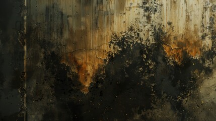 Close-up of a weathered, cracked, and aged wall surface with traces of rust and glowing embers.