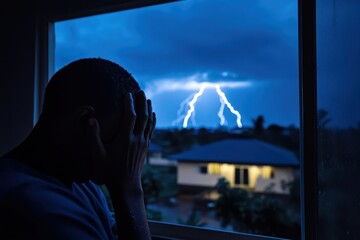 Wall Mural - a man looking out the window at a lightning storm