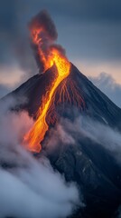  A volcano erupts, ejecting lava and steam into the air, forming a cloud-filled sky