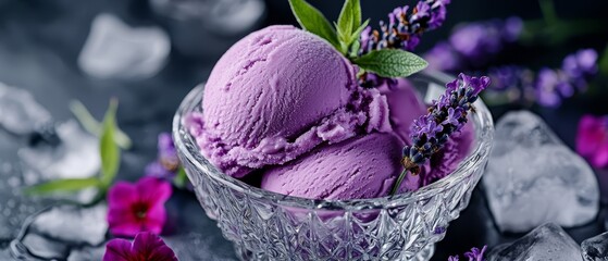 Poster -  Two scoops of ice cream in a glass bowl Lavender flowers adorn the rim Ice cubes arranged in front