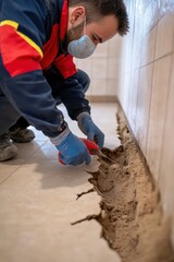 Wall Mural - a man in a blue shirt and red gloves is repairing a tile floor