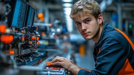 Wall Mural - Young Technician in a High-Tech Factory