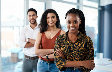 Wall Mural - Crossed arms, office and portrait of business woman for teamwork, collaboration and leadership. Professional, creative startup and line of men and women with confidence, company pride and partnership